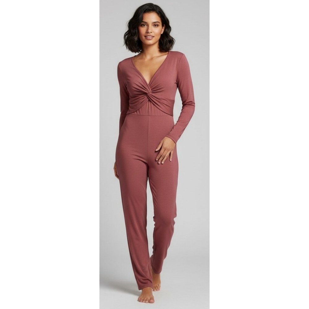 Shein Twist Front Long sleeve Jumpsuit Dark Pink Size L